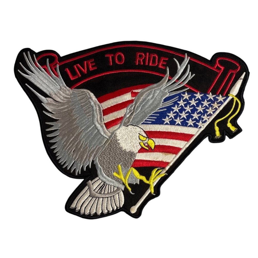 Live To Ride Patch Eagle & American Flag Iron On Large Embroidered Motorcycle